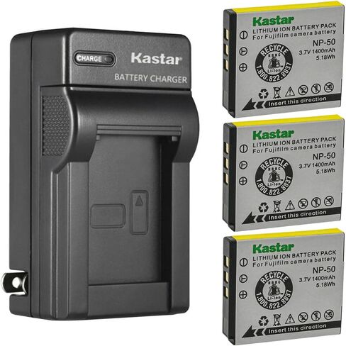 بطارية Kastar قطعة واحدة FNP-50 وشاحن حائط تيار متردد بديل لكاميرا Fujifilm FinePix F820EXR، FinePix F850EXR، FinePix F900EXR، FinePix Real 3D W3، FinePix X10، FinePix X20 in Kuwait