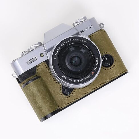 نصف حافظة من الجلد الطبيعي للكاميرا، متوافقة مع FUJIFILM Fuji X-T30 I II III، حقيبة كاميرا من جلد البقر - هيكل من الجلد المحبب بالكامل مع لوحة قاعدة من الألومنيوم الصلب (أسود) in Kuwait