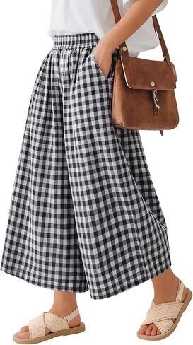 Girl's Wide Leg Capri Pants Casual Baggy Plaid Cropped Culottes Elastic Waist Gingham Capris with Pockets in Saudi Arabia