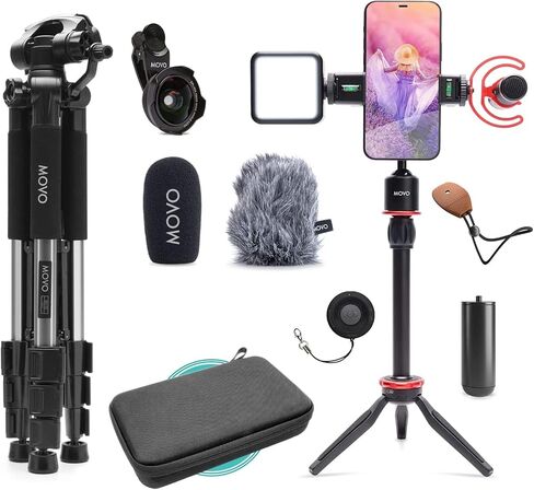 Movo iVlog1 Smartphone Video Vlogging Bundle with Supercardioid Microphone, Mini and Fullsize Tripods, LED Camera Light, Wide-Angle Lens External Microphone for iPhone and Android… in Kuwait