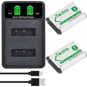 Tectra 2-Pack NP-BX1 Battery and LED Dual Charger for Sony ZV-1, ZV-1F, ZV-1 II, Cyber-Shot DSC-RX100 (II/III/IV/V/VA/VI/VII), DSC-HX80, HX90V, HX95, HX99, RX1, RX1R II, FDR-X3000 in Kuwait