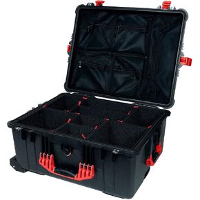 Pelican Color Case Black 1610 case with Red Handles & latches. Comes with Trekpak Dividers & mesh Lid Organizer. in Kuwait