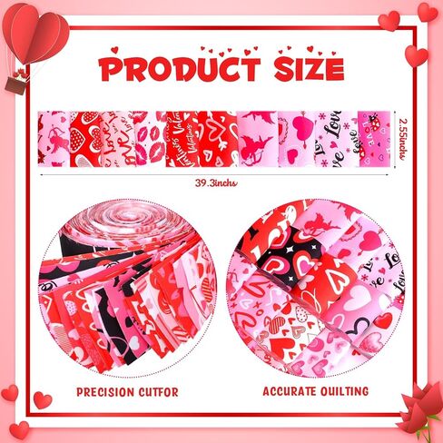 Tegeme 40 Pcs Valentines Fabric Roll Cotton Jelly Valentines Day Fabric Strips 2.55 x 39.3 Inch Heart Red Pink Fat Quarters Quilting Precut Patchworks for Sewing DIY Craft Supplies, 20 Style (Classic) in Saudi Arabia