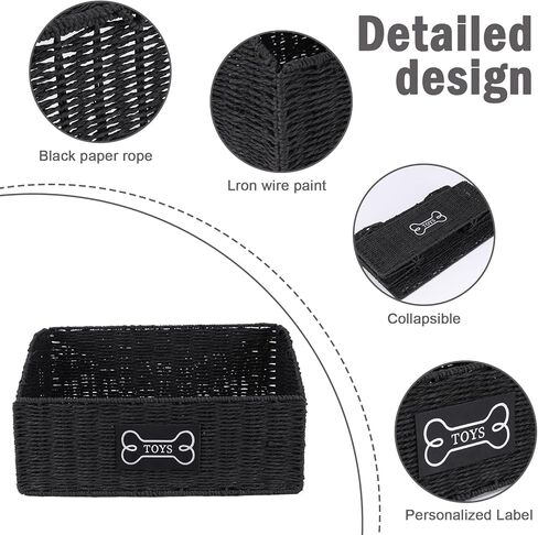 Geyecete dog toy basket, Living pet toy bin basket Wicker dog toy box Foldable Pet Toy Storage Organizer, Black Paper Rope & Steel Wire Basket in Kuwait