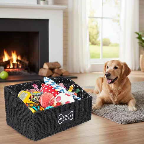 Geyecete dog toy basket, Living pet toy bin basket Wicker dog toy box Foldable Pet Toy Storage Organizer, Black Paper Rope & Steel Wire Basket in Kuwait