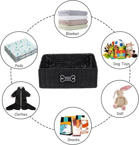 Geyecete dog toy basket, Living pet toy bin basket Wicker dog toy box Foldable Pet Toy Storage Organizer, Black Paper Rope & Steel Wire Basket in Kuwait