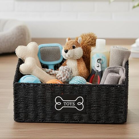 Geyecete dog toy basket, Living pet toy bin basket Wicker dog toy box Foldable Pet Toy Storage Organizer, Black Paper Rope & Steel Wire Basket in Kuwait