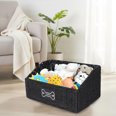 Geyecete dog toy basket, Living pet toy bin basket Wicker dog toy box Foldable Pet Toy Storage Organizer, Black Paper Rope & Steel Wire Basket in Kuwait