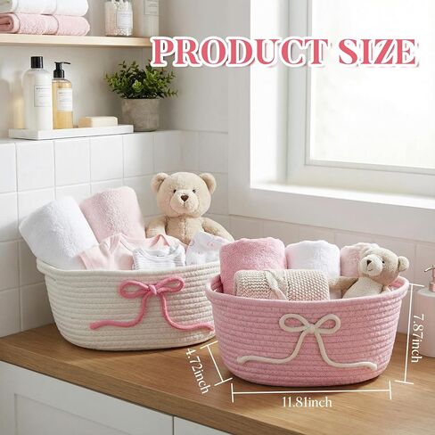 Glooglitter 2 Pcs Pink Bow Storage Baskets Woven Cotton Rope Laundry Hamper with Handles for Home Decor Organization Baby Room Bedroom (Solid Color) in Saudi Arabia