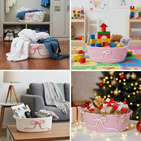 Glooglitter 2 Pcs Pink Bow Storage Baskets Woven Cotton Rope Laundry Hamper with Handles for Home Decor Organization Baby Room Bedroom (Solid Color) in Saudi Arabia