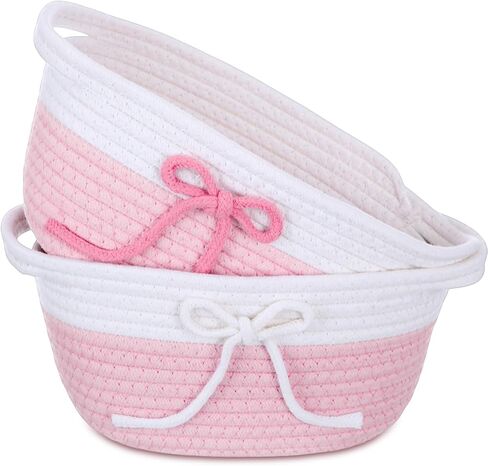 Glooglitter 2 Pcs Pink Bow Storage Baskets Woven Cotton Rope Laundry Hamper with Handles for Home Decor Organization Baby Room Bedroom (Solid Color) in Kuwait