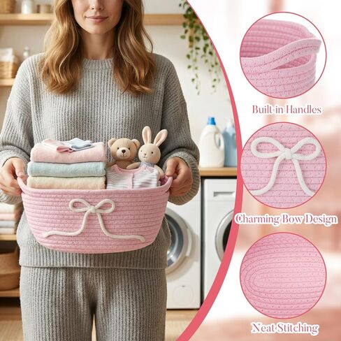 Glooglitter 2 Pcs Pink Bow Storage Baskets Woven Cotton Rope Laundry Hamper with Handles for Home Decor Organization Baby Room Bedroom (Solid Color) in Saudi Arabia