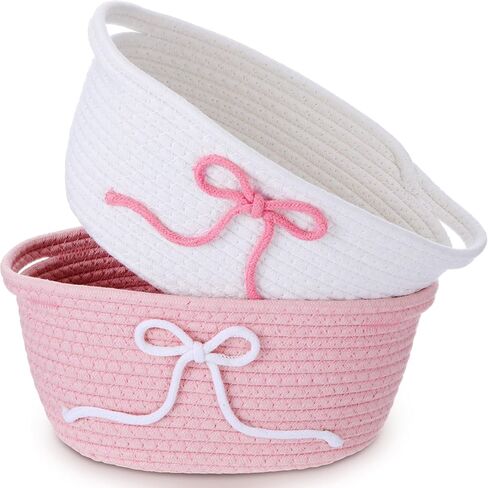 Glooglitter 2 Pcs Pink Bow Storage Baskets Woven Cotton Rope Laundry Hamper with Handles for Home Decor Organization Baby Room Bedroom (Solid Color) in Saudi Arabia