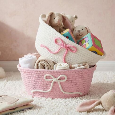 Glooglitter 2 Pcs Pink Bow Storage Baskets Woven Cotton Rope Laundry Hamper with Handles for Home Decor Organization Baby Room Bedroom (Solid Color) in Saudi Arabia