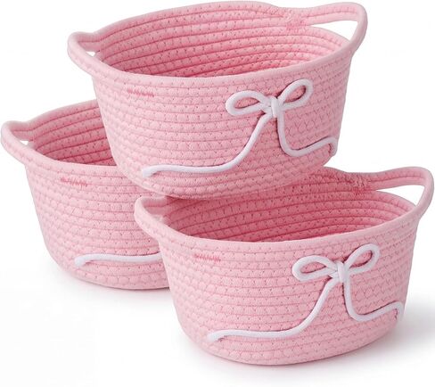 Glooglitter 2 Pcs Pink Bow Storage Baskets Woven Cotton Rope Laundry Hamper with Handles for Home Decor Organization Baby Room Bedroom (Solid Color) in Saudi Arabia
