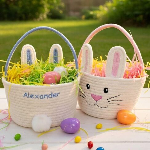 Personalized Easter Bunny Rope Basket (Pink) in Saudi Arabia