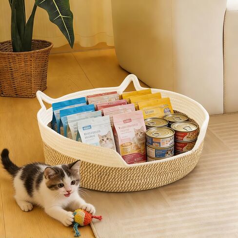Cat Toy Basket, Cat Toy Box Organizer Baskets, Woven Cotton Rope Pet Puppy Dogs Cats Bed Toy Bin With Handle, Chew Toys Blankets Leashes Storage Baskets for All Pets - Puppies to Large in Kuwait