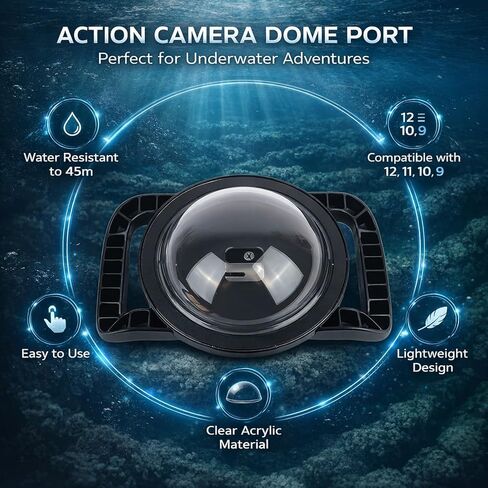 Action Camera Dome Port Housing Case, Water to 147.6FT, 180 Degree Wide Angle for 12 11 10 9 Sports Cameras - Superior Underwater Performance, Acrylic Construction, in Kuwait