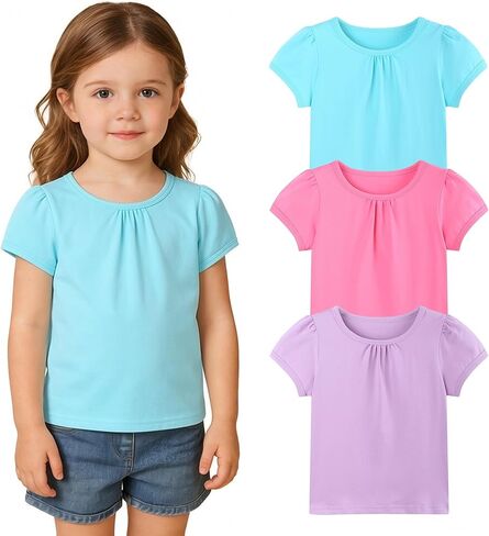 3 Pack Toddler Shirts Girls Pleated Neck Short Sleeve Baby Tshirts Pretty Tops Casual Tee Pull On Blouse 2-5T in Kuwait