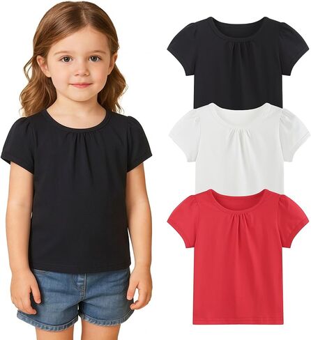 3 Pack Toddler Shirts Girls Pleated Neck Short Sleeve Baby Tshirts Pretty Tops Casual Tee Pull On Blouse 2-5T in Saudi Arabia