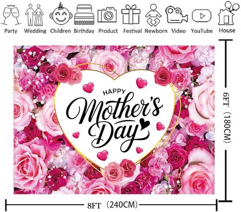 Pink Floral Happy Mother's Day Backdrop Flower Wall Mother's Day Party Banner Decoration Photo Shoot Props (8x6ft) in Kuwait