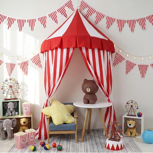 Preboun 4 Pcs Carnival Circus Tent Decor Backdrop 6 x 3 ft Red and White Indoor Reading Nook Hanging Party Decoration Canopy for Home Outdoor Circus Festive Birthday Candy Theme Party Photography in Kuwait