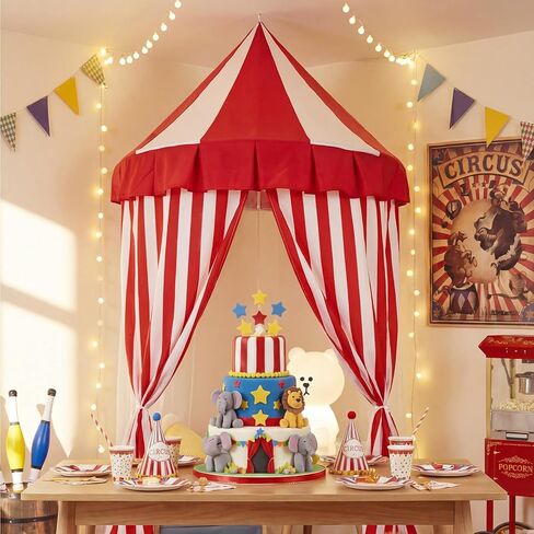 Preboun 4 Pcs Carnival Circus Tent Decor Backdrop 6 x 3 ft Red and White Indoor Reading Nook Hanging Party Decoration Canopy for Home Outdoor Circus Festive Birthday Candy Theme Party Photography in Kuwait