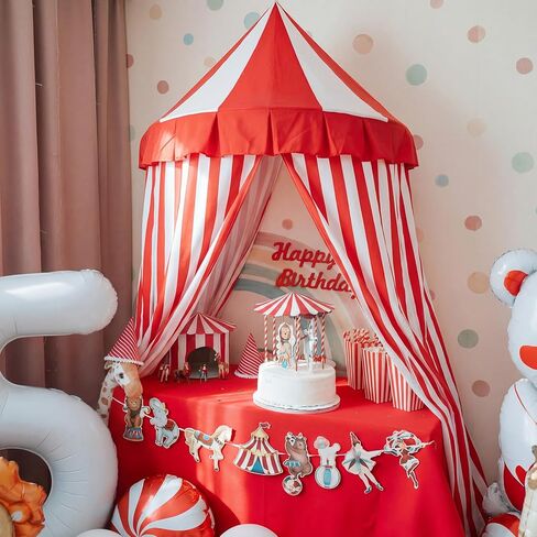 Preboun 4 Pcs Carnival Circus Tent Decor Backdrop 6 x 3 ft Red and White Indoor Reading Nook Hanging Party Decoration Canopy for Home Outdoor Circus Festive Birthday Candy Theme Party Photography in Kuwait