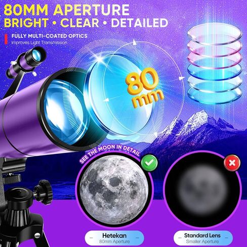 Telescope for Kids & Adults High Powered, 80mm Aperture 500mm Astronomy Refractor Telescope for Beginners (20X-150X), Portable with Adjustable Tripod, Phone Adapter, Backpack & Stickers (Purple) in Kuwait