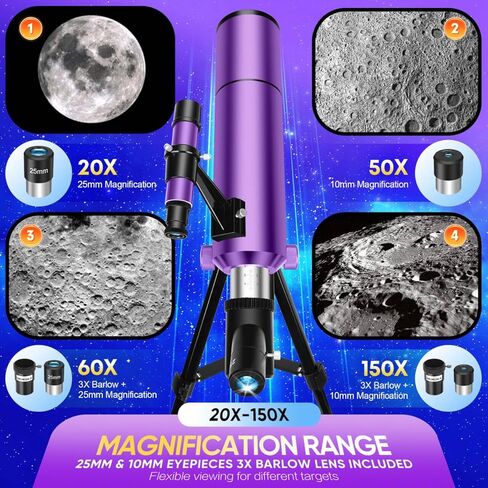 Telescope for Kids & Adults High Powered, 80mm Aperture 500mm Astronomy Refractor Telescope for Beginners (20X-150X), Portable with Adjustable Tripod, Phone Adapter, Backpack & Stickers (Purple) in Kuwait