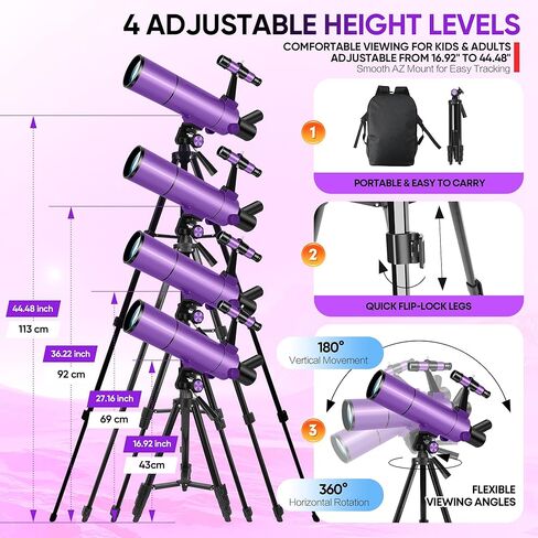 Telescope for Kids & Adults High Powered, 80mm Aperture 500mm Astronomy Refractor Telescope for Beginners (20X-150X), Portable with Adjustable Tripod, Phone Adapter, Backpack & Stickers (Purple) in Kuwait