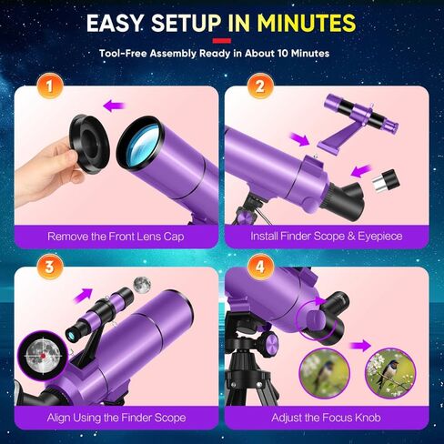Telescope for Kids & Adults High Powered, 80mm Aperture 500mm Astronomy Refractor Telescope for Beginners (20X-150X), Portable with Adjustable Tripod, Phone Adapter, Backpack & Stickers (Purple) in Kuwait