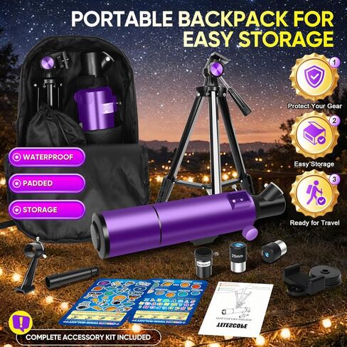 Telescope for Kids & Adults High Powered, 80mm Aperture 500mm Astronomy Refractor Telescope for Beginners (20X-150X), Portable with Adjustable Tripod, Phone Adapter, Backpack & Stickers (Purple) in Kuwait