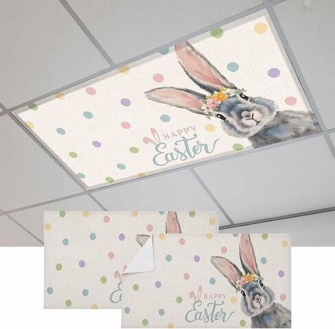 Happy Easter 2 Pack Fluorescent Light Cover for Ceiling 4 x 2 Ft Spring Floral Rabbit Colored Dots Linen Texture Classroom Light Covers with 10 Magnets for School Home Office Decor in Kuwait