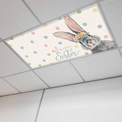 Happy Easter 2 Pack Fluorescent Light Cover for Ceiling 4 x 2 Ft Spring Floral Rabbit Colored Dots Linen Texture Classroom Light Covers with 10 Magnets for School Home Office Decor in Saudi Arabia
