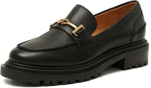 Women's Genuine Leather Chunky Loafer Platform Slip-On Shoe with Gold Metal Buckle Comfort Walking Dress Shoe in Kuwait