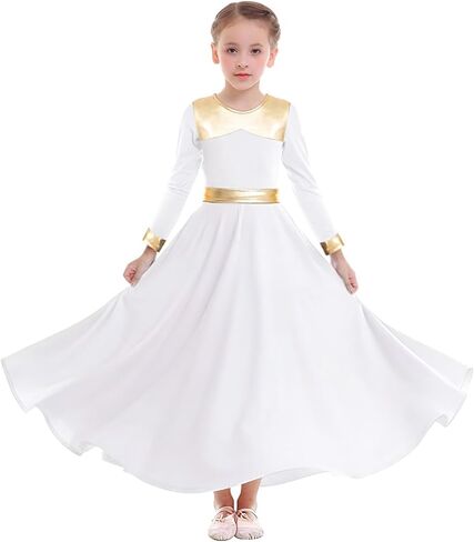 Z&X Girls Praise Dance Outfits Metallic Gold Liturgical Worship Church Robe Full Length Swing Skirt Costume in Saudi Arabia