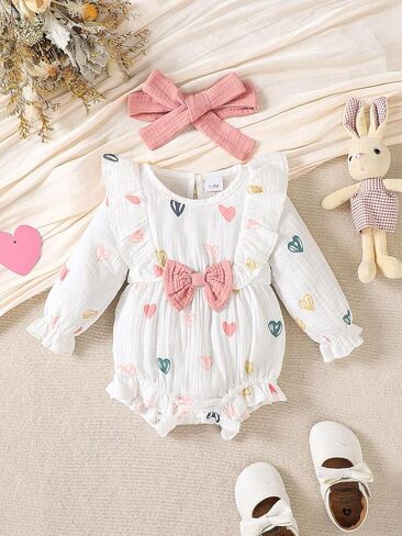 Baby Girl Heart Muslin Romper with Headband, Cotton Long Sleeve Ruffle Jumpsuit Infant Fall Spring Clothes, 1-18 Months in Kuwait