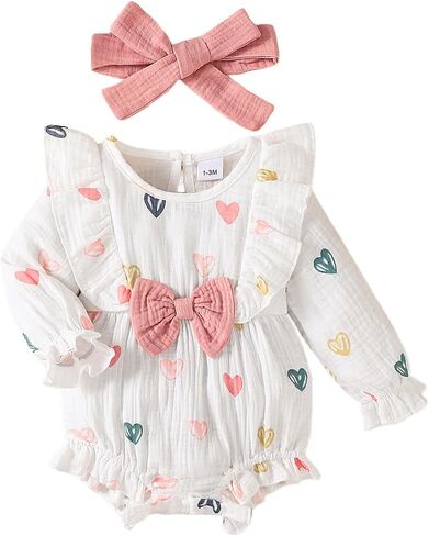 Baby Girl Heart Muslin Romper with Headband, Cotton Long Sleeve Ruffle Jumpsuit Infant Fall Spring Clothes, 1-18 Months in Kuwait