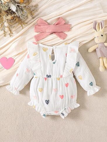 Baby Girl Heart Muslin Romper with Headband, Cotton Long Sleeve Ruffle Jumpsuit Infant Fall Spring Clothes, 1-18 Months in Kuwait