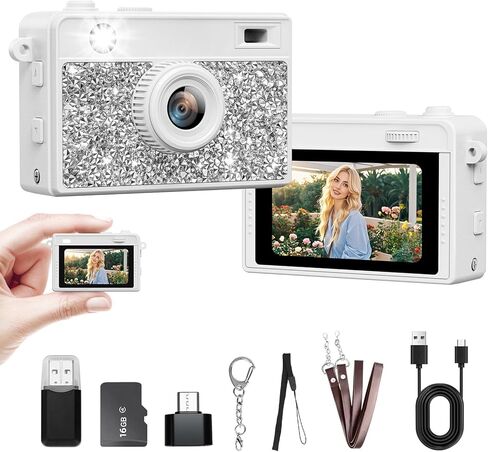 Mini Camera - 2K Mini Digital Camera with 16GB Card, Long Battery Life,Travel Vlog & Photo Shooting Anytime,Fashion Accessories, Necklace & Keychain Camera, Gifts for Friends and Women,White in Kuwait