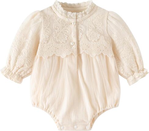 Infant Girl Outfit Baby Girl Long Sleeve Romper Beige Cotton Onesie British Style Baby Clothes Elegant Spring Outfits in Saudi Arabia