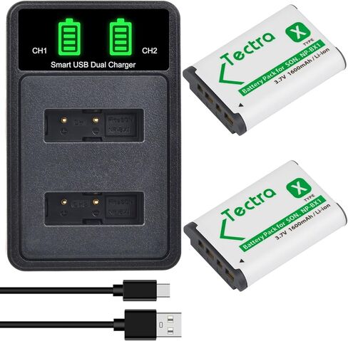 بطارية Tectra NP-BX1 وشاحن مزدوج LED لسوني ZV-1، ZV-1F، ZV-1 II، Cyber-Shot DSC-RX100 (II/III/IV/V/VA/VI/VII)، DSC-HX80، HX90V، HX95، HX99، RX1، RX1R II، FDR-X3000 in Kuwait