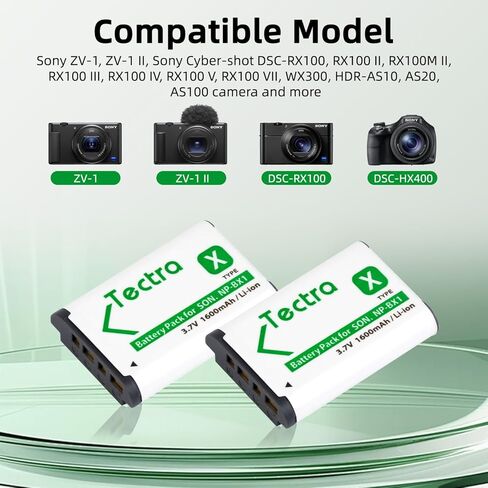 بطارية Tectra NP-BX1 وشاحن مزدوج LED لسوني ZV-1، ZV-1F، ZV-1 II، Cyber-Shot DSC-RX100 (II/III/IV/V/VA/VI/VII)، DSC-HX80، HX90V، HX95، HX99، RX1، RX1R II، FDR-X3000 in Kuwait
