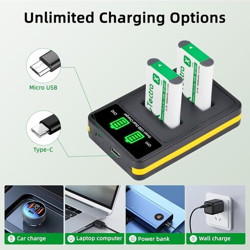 بطارية Tectra NP-BX1 وشاحن مزدوج LED لسوني ZV-1، ZV-1F، ZV-1 II، Cyber-Shot DSC-RX100 (II/III/IV/V/VA/VI/VII)، DSC-HX80، HX90V، HX95، HX99، RX1، RX1R II، FDR-X3000 in Kuwait