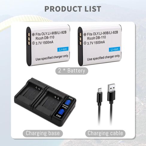 DB-110 2Pack Battery, Quick LED Dual USB Charger Compatible for Ricoh GR III, GR IIIx, Theta X, WG-6, G900, for Olympus Tough TG-7, TG-6, TG-5, TG-Tracker, SH-1, SH-2, SP-100 IHS, TG-1 TG-2 SH50 SH60 in Kuwait