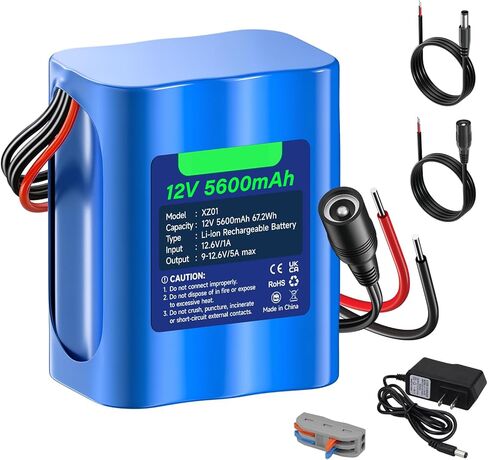 CITYORK 12V 5600mAh Lithium Battery with Charger, Bare Leads, 12V Rechargeable Battery Compatible with DIY Project, Speakers, Radio Box, RC Car, Robot, LED Light Strip, CCTV Camera, etc in Kuwait