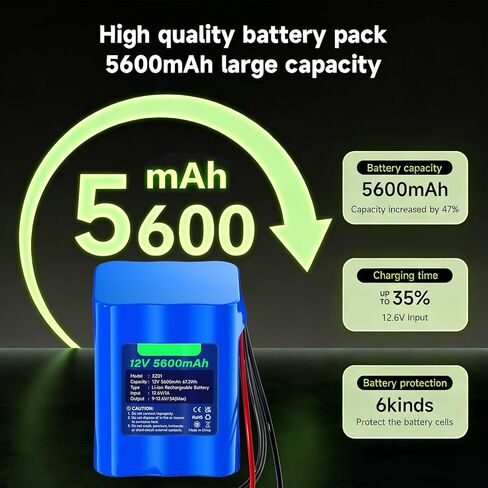 CITYORK 12V 5600mAh Lithium Battery with Charger, Bare Leads, 12V Rechargeable Battery Compatible with DIY Project, Speakers, Radio Box, RC Car, Robot, LED Light Strip, CCTV Camera, etc in Kuwait