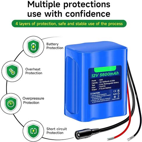 CITYORK 12V 5600mAh Lithium Battery with Charger, Bare Leads, 12V Rechargeable Battery Compatible with DIY Project, Speakers, Radio Box, RC Car, Robot, LED Light Strip, CCTV Camera, etc in Kuwait