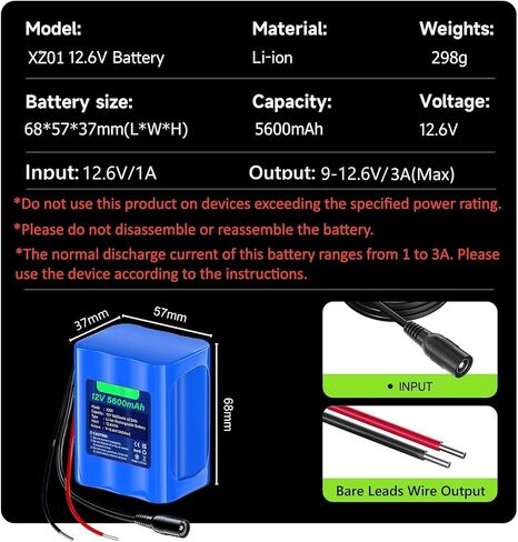 CITYORK 12V 5600mAh Lithium Battery with Charger, Bare Leads, 12V Rechargeable Battery Compatible with DIY Project, Speakers, Radio Box, RC Car, Robot, LED Light Strip, CCTV Camera, etc in Kuwait